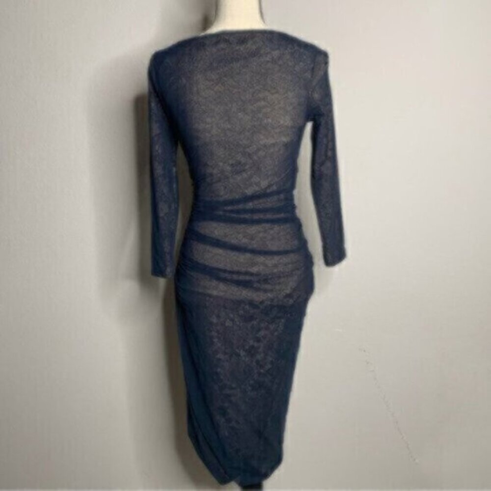Reiss Dark Blue Lace Sheer Underlay Ruched Bodycon Midi Dress - Picture 8 of 13